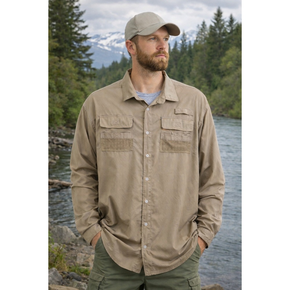 Mens Long Sleeve Outdoor Shirt Tan XL UV Protection Mesh Vented fishing gorpcore